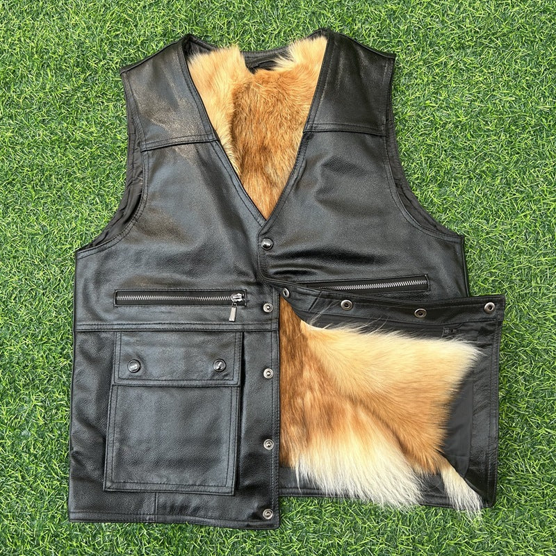 Men’s Leather Vest with Warm Lining and Multiple Utility Pockets