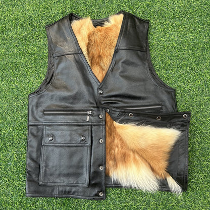 Men’s Leather Vest with Warm Lining and Multiple Utility Pockets