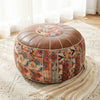 Faux Leather Pouf Ottoman with Bohemian Print for Living Rooms
