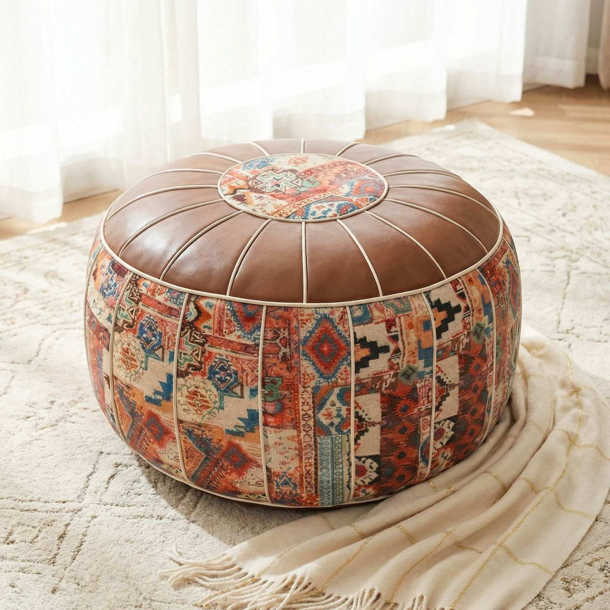 Faux Leather Pouf Ottoman with Bohemian Print for Living Rooms