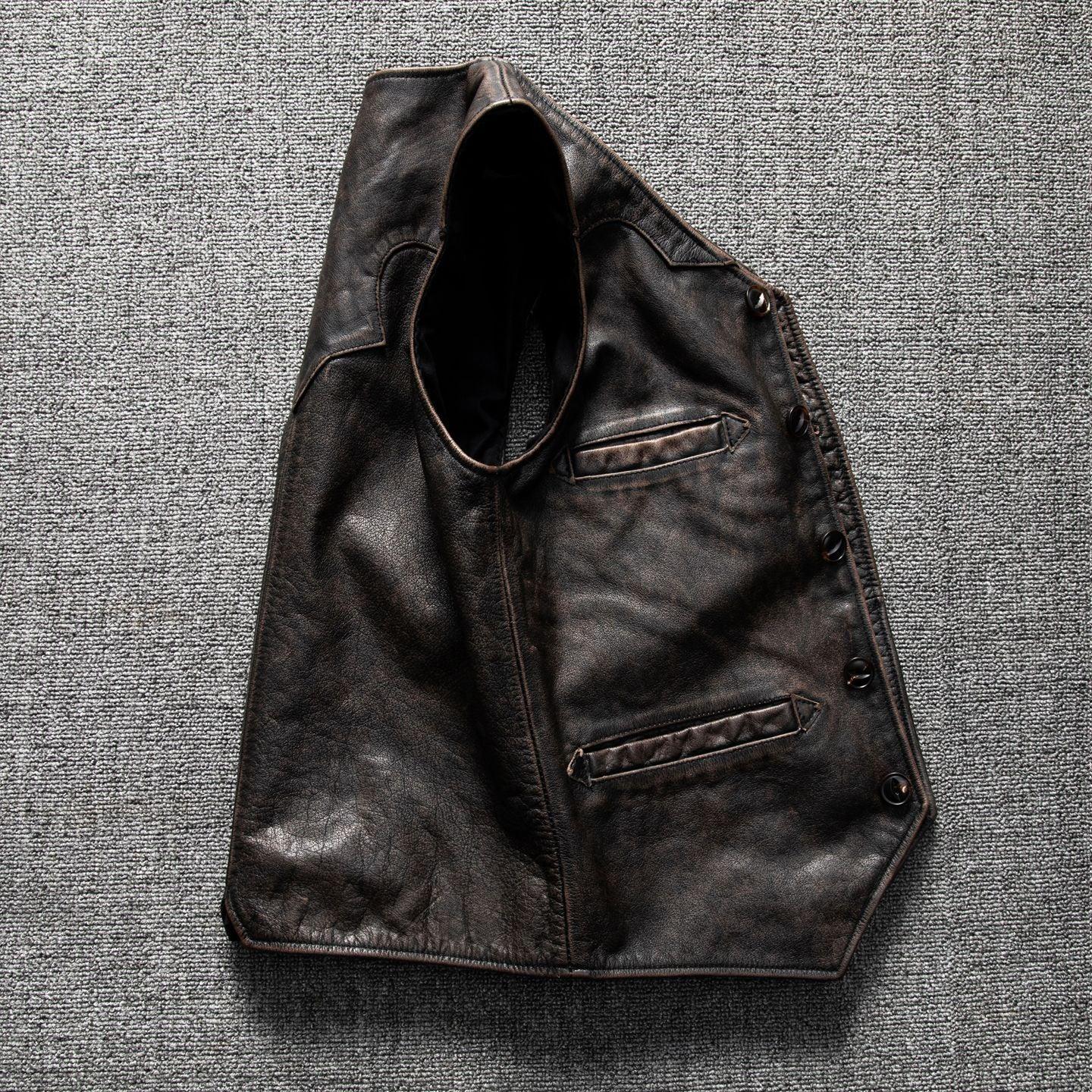 Distressed leather motorcycle riding vest for men big size