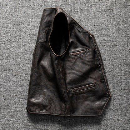 Distressed leather motorcycle riding vest for men big size