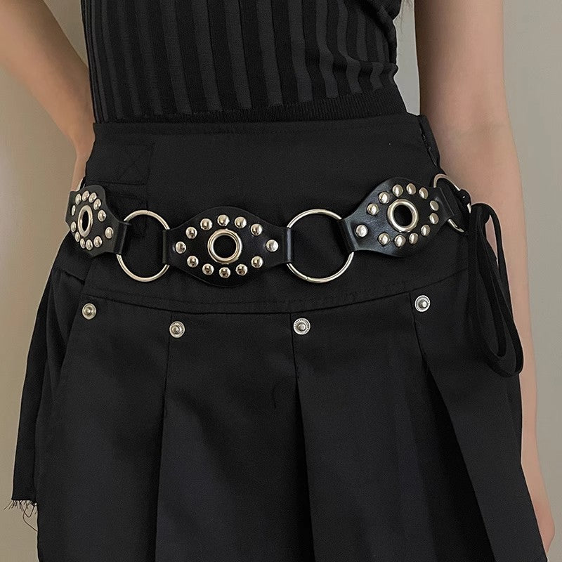 Women’s Black Studded O Ring Belt with Tie Closure
