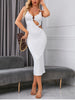 White cutout midi dress with ruched bust detail