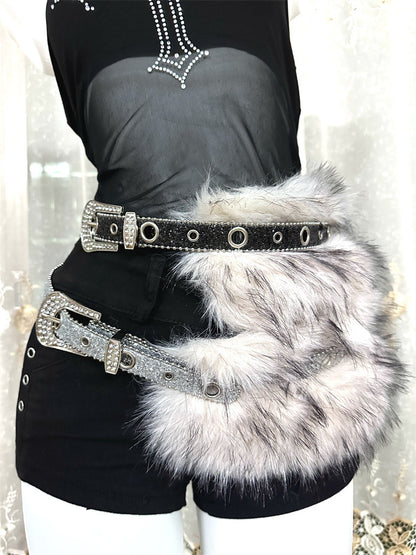 Faux fur diamond waist belt women y2k rhinestone punk style