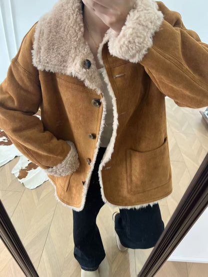 Women Reversible Shearling Wool Coat Winter Fur Jacket