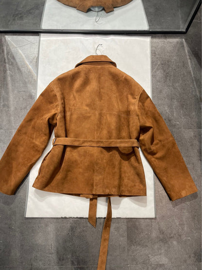 Women Genuine Suede Single Breasted Leather Jacket with Belt