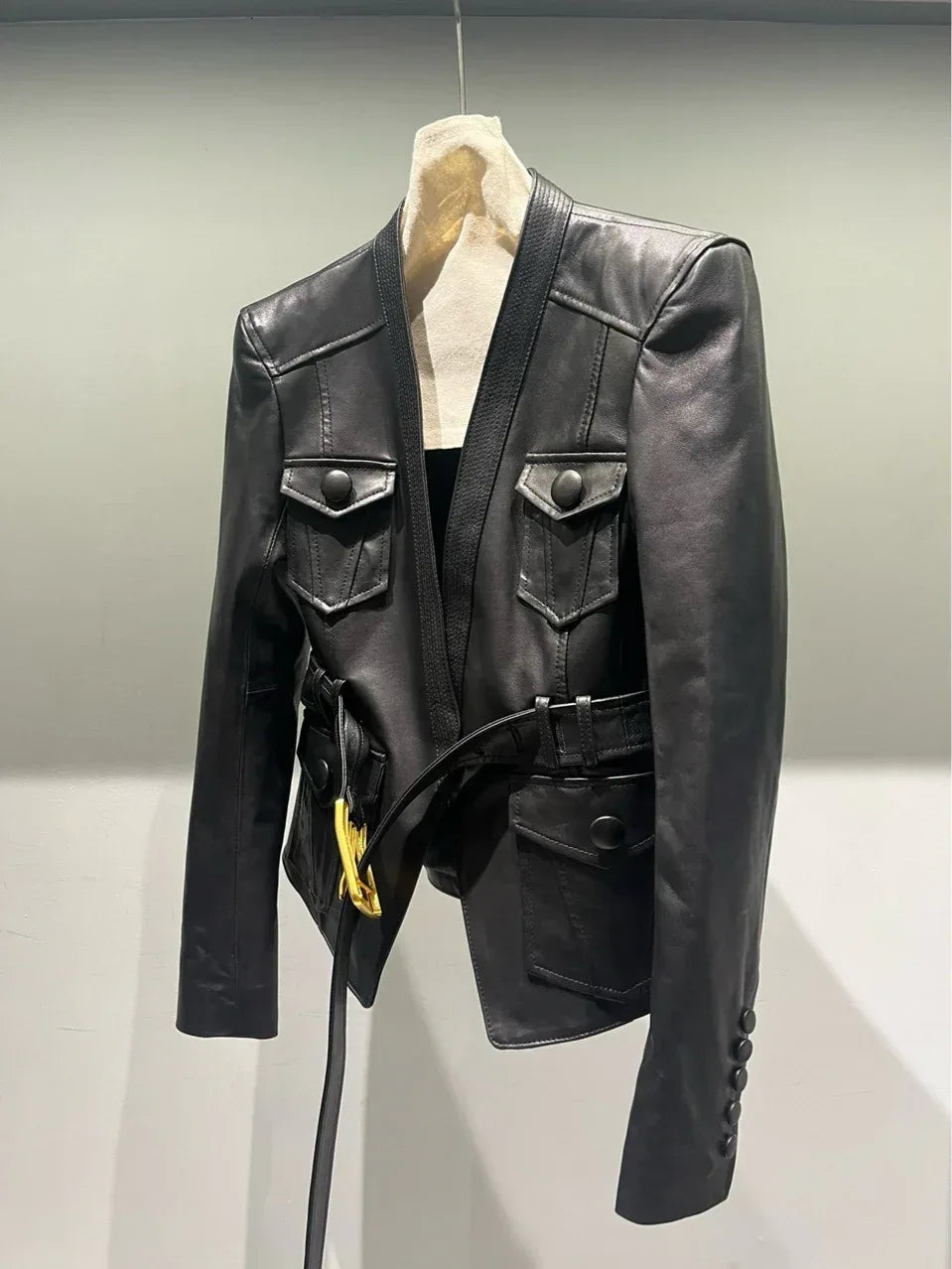 Women Leather Bomber Belted Jacket Black Moto Blazer for Women
