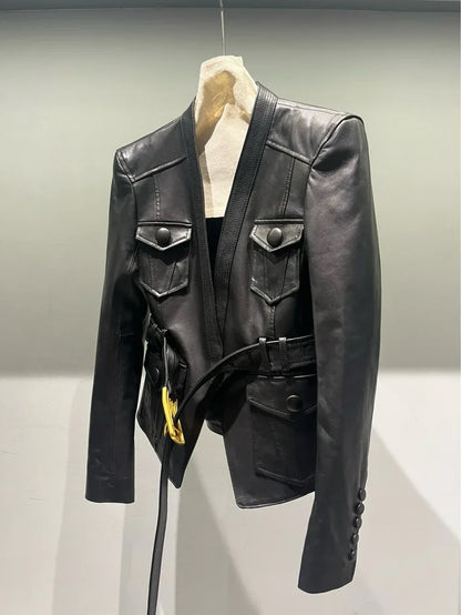 Women Leather Bomber Belted Jacket Black Moto Blazer for Women