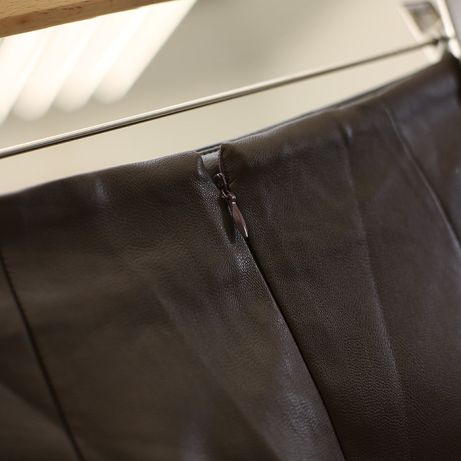 Leather Mini Skirt with Asymmetrical Front Zipper