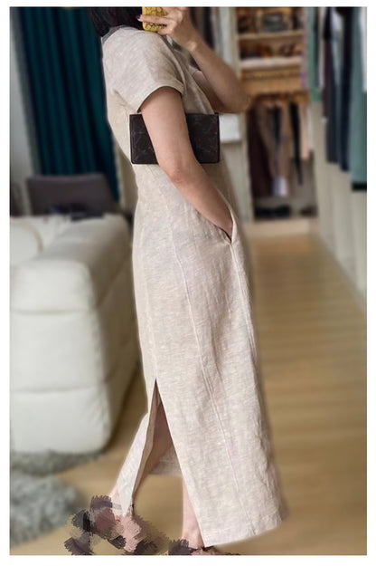 Apricot linen embroidered midi dress v neck summer flowy fit