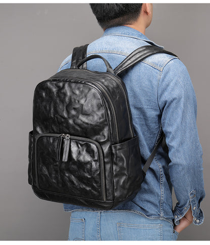 Genuine Black Leather Men’s Backpack with Trolley Sleeve