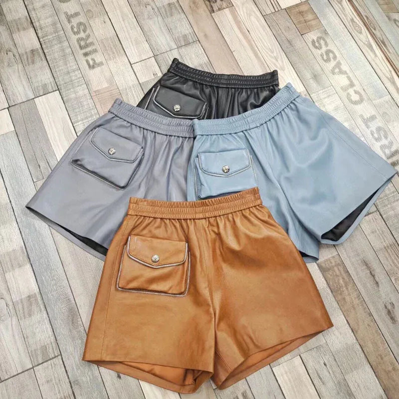 Genuine leather high waisted women shorts Blue S