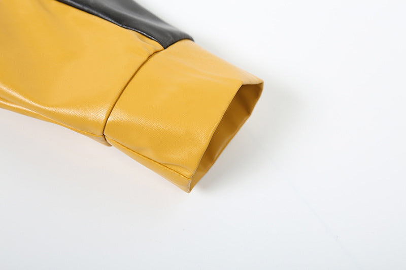 Yellow and Black Faux Leather Biker Jacket Women