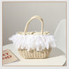 Woven Feather Straw Beach Bag White Fringe