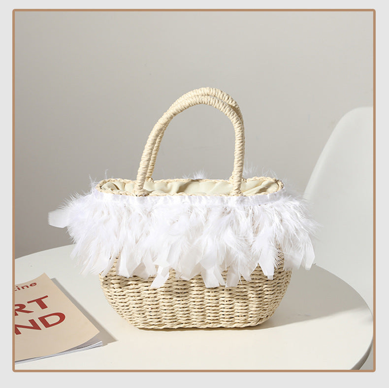 Woven Feather Straw Beach Bag White Fringe