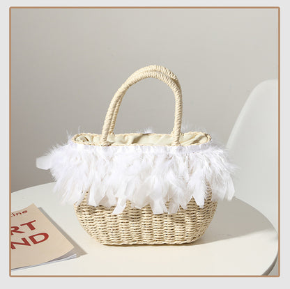 Woven Feather Straw Beach Bag White Fringe