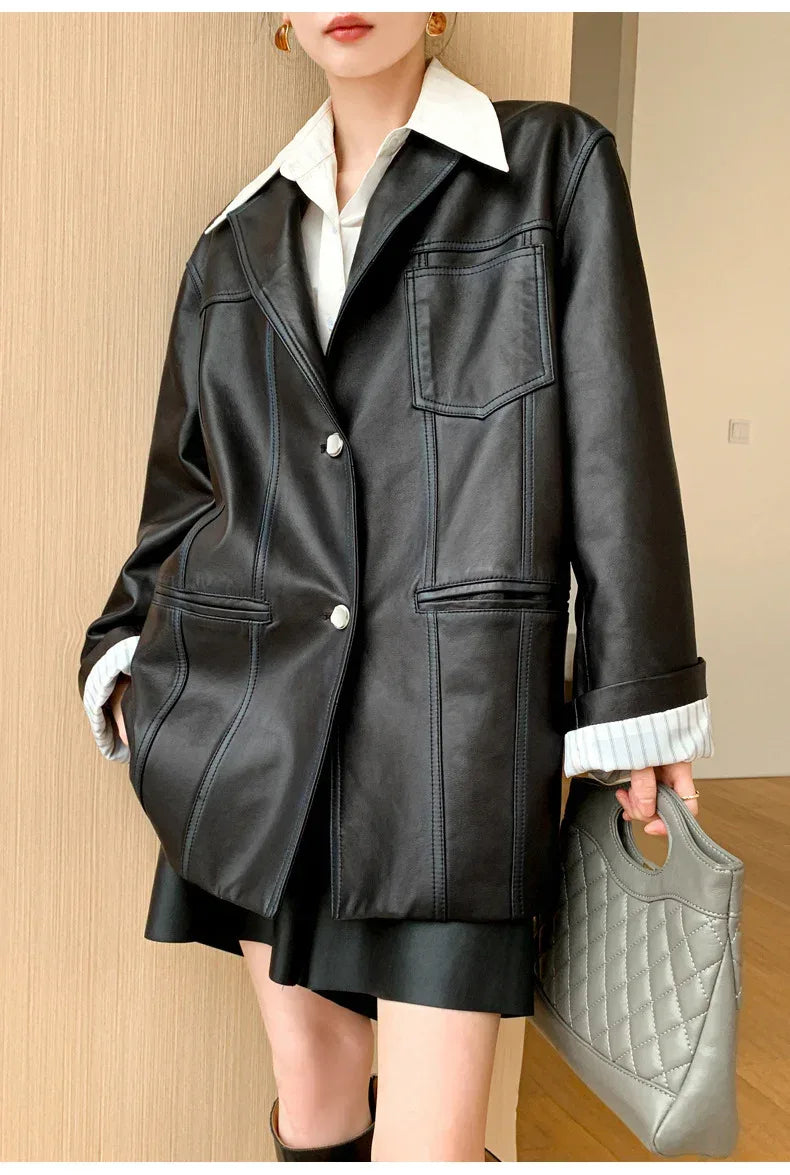Women Oversized Genuine Leather Jacket Moto Blazer