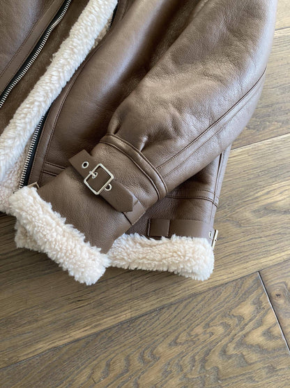 Brown faux shearling aviator leather bomber jacket