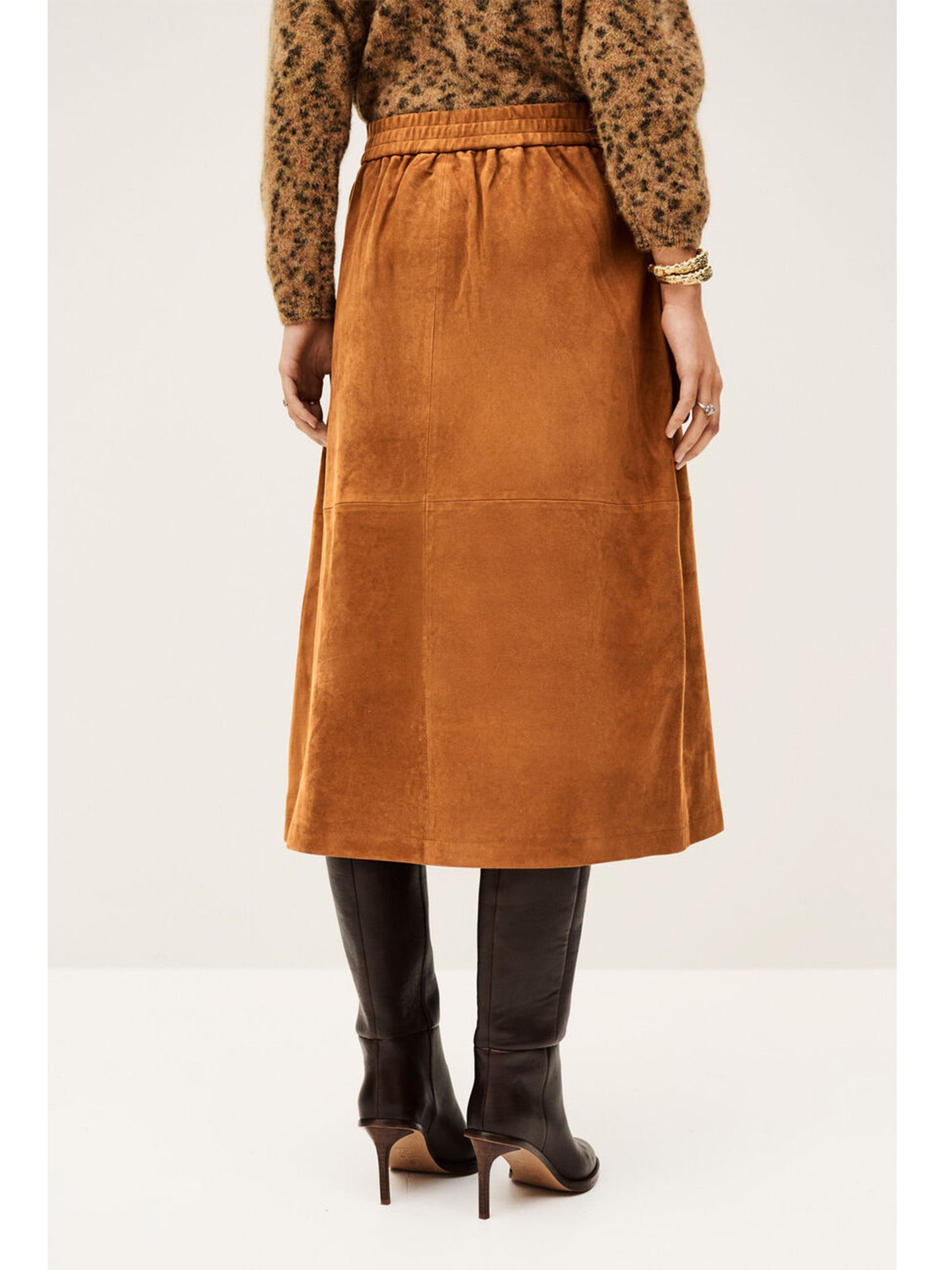 Corduroy Midi Skirt High Waist Button Front Brown A-Line