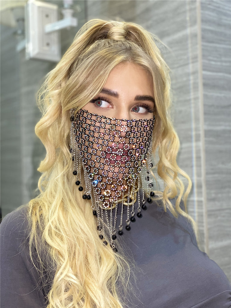 Rhinestone tassel mesh jewelry face mask
