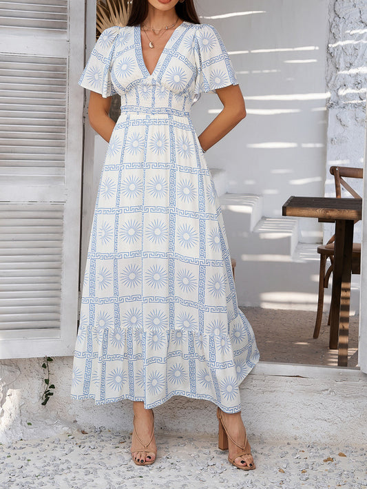 White Floral Maxi Dress With Blue Sun Pattern