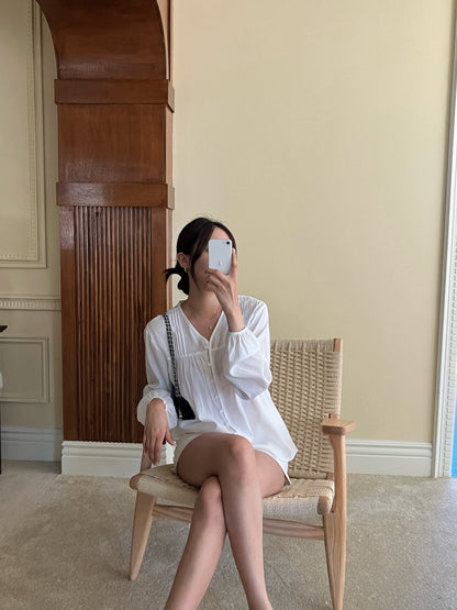 Women's Button Front Puff Sleeve Blouse