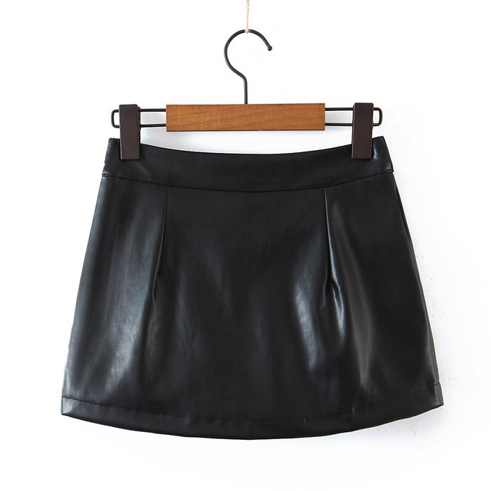Black PU Leather Mini Skirt with Slit High Waisted
