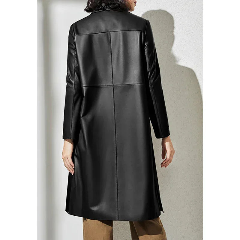 Women leather trench coat with lapel Collar