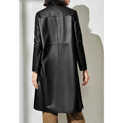Women leather trench coat with lapel Collar