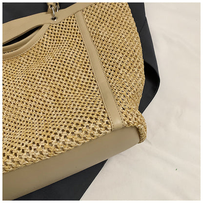 Woven Straw Beach Bag with PU Leather Trim