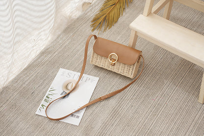 Rattan Crossbody Bag with Leather Flap