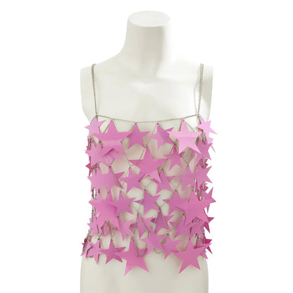 Pink Star Sequin Chain Mesh Festival Outfit Set