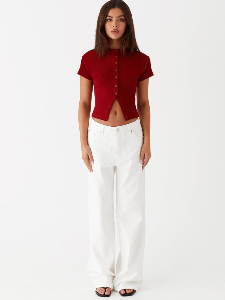 Women Tripe Slim Button Short Sleeve Top