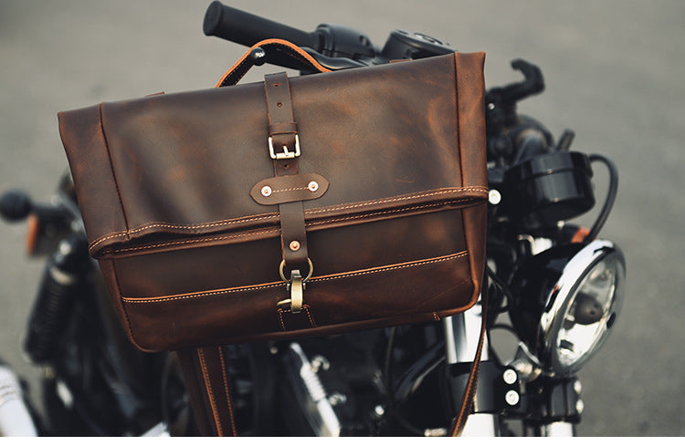 Men’s Crazy Horse Cowhide Leather Motorcycle Messenger Bag