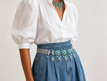 Women’s Turquoise Tassel Waist Chain with Silver Tone Drops