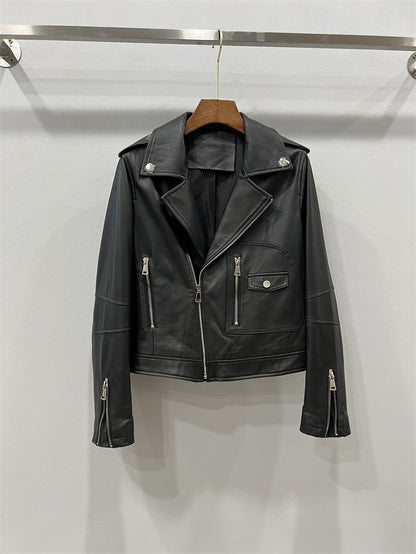 Women’s Genuine Leather Bomber Moto Jacket Black Short Fit