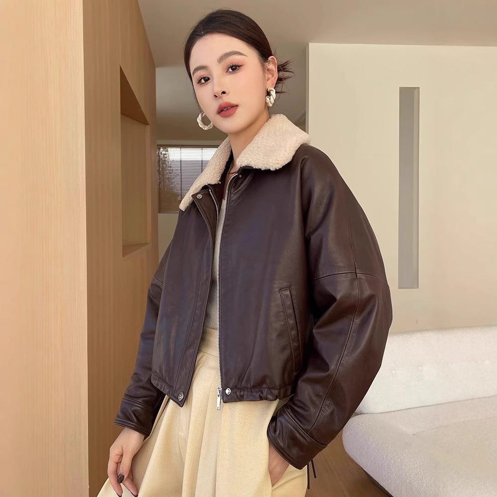 Women shearling collar leather flight jacket