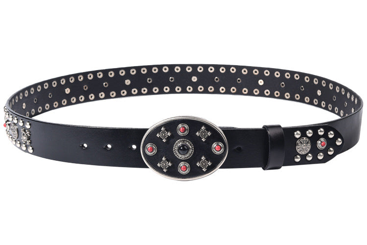 Black Leather Biker Belt with Rivets for Men and Women