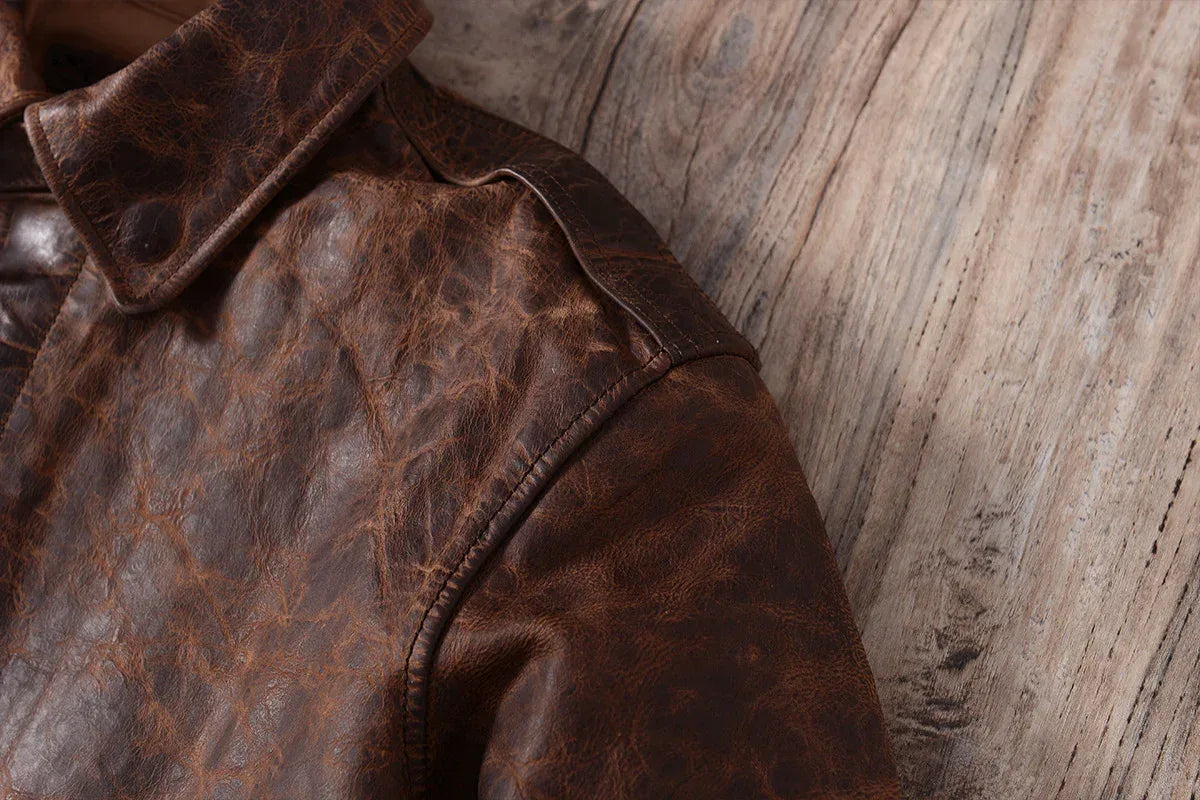 Mens Distressed Oil Wax Cowhide Leather Jacket