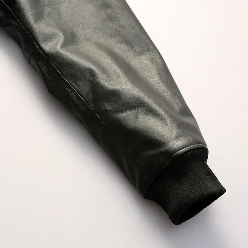 Men’s Black Leather Bomber Jacket with Real Shearling Collar