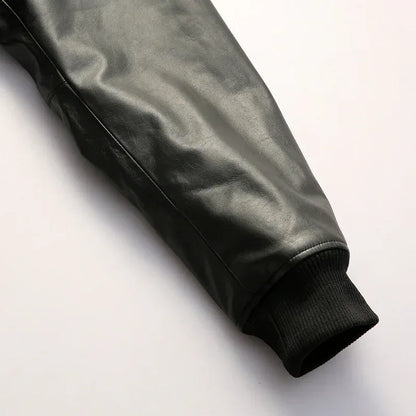 Men’s Black Leather Bomber Jacket with Real Shearling Collar