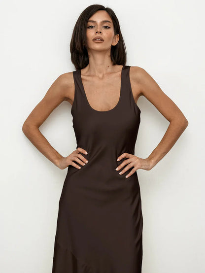 New satin maxi dress in cocoa brown