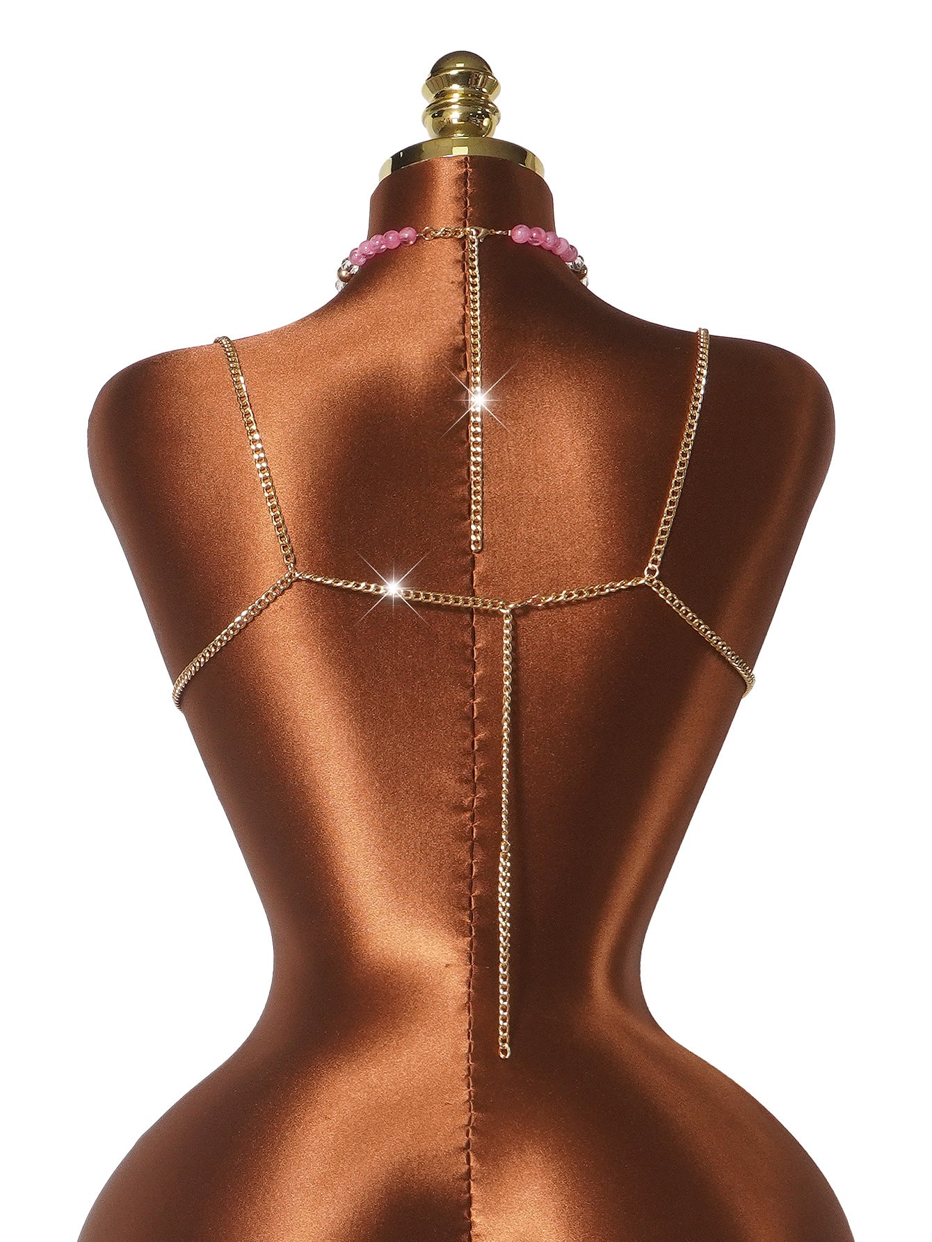 Pink Crystal Body Chain Bralette with Beaded Tassel Drapes