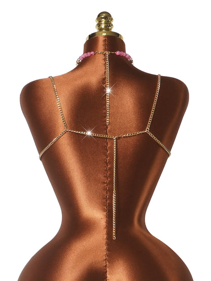 Pink Crystal Body Chain Bralette with Beaded Tassel Drapes