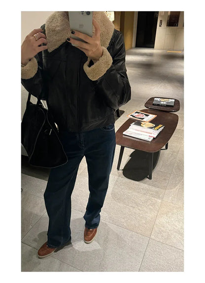 Womens waxed leather down aviator bomber jacket