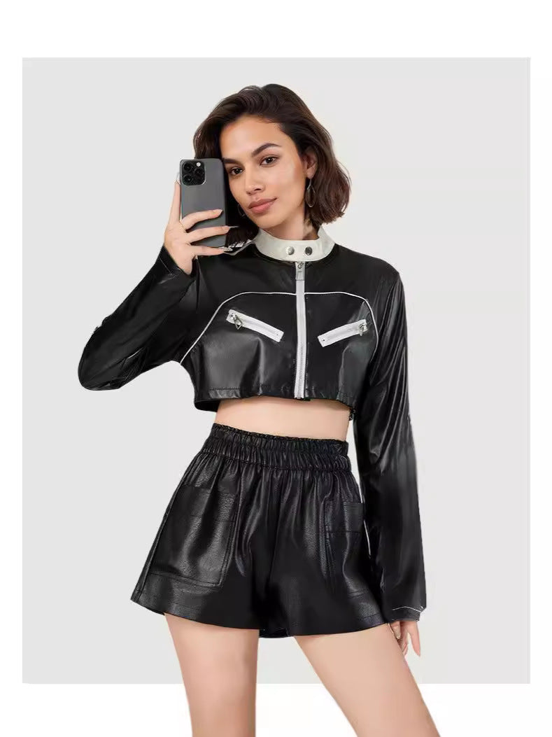 Black Cropped Faux Leather Moto Biker Jacket