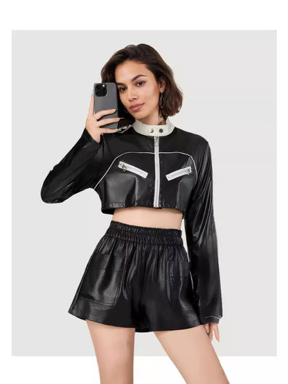 Black Cropped Faux Leather Moto Biker Jacket