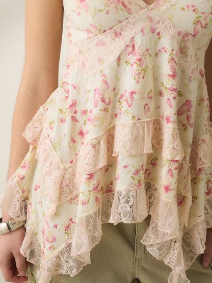 Floral camisole with lace ruffles and chiffon layers