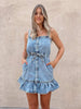 waist tie denim suspender mini dress